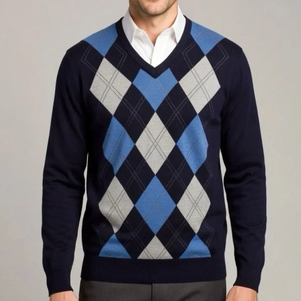 Banana Republic Sweater Mens Medium Merino Wool V-Neck Brown Argyle